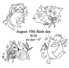 four different tattoo designs with the words, august 19th flash day $ 10 00 set size 3