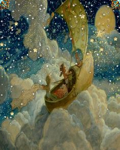 a painting of two people on a boat floating in the sky with stars above them