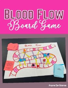 the cover of blood flow board game, with pink background and white paper on it