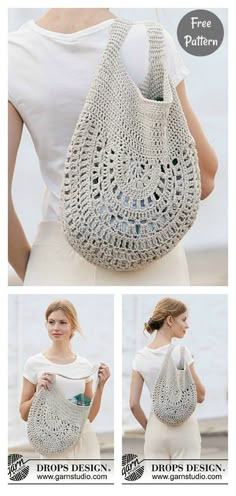 the crocheted bag is made from two different materials and has an attached shoulder strap