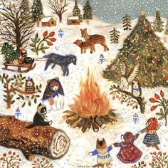 a painting of people and animals around a campfire in the snow with christmas trees