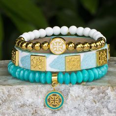 Celebrate the summer’s beautiful skies with this new poolside! This set includes: - White and gold Mini Melanie; - Pearlized Turquoise Alex; - Meagen single wrap calfskin in pastel blue with gold RC l Beautiful Skies, Beautiful Sky, Pastel Blue, Calf Skin