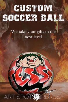 a soccer ball with the words custom soccer ball written on it in red and black