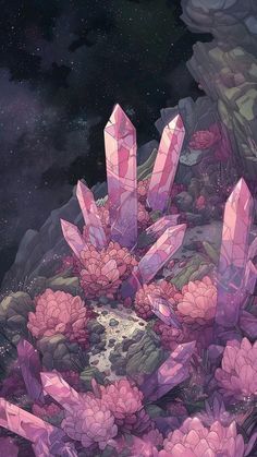 some pink flowers and rocks with stars in the sky behind them on a dark background