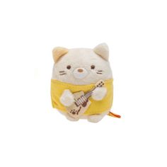 a stuffed animal with a guitar in it's mouth, on a white background