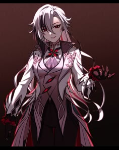 an anime character with long white hair and red eyes holding a knife in her hand