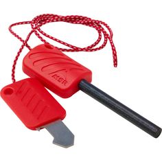 a red tool with a black handle on a white background next to a red cord