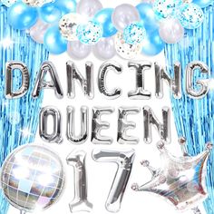 a poster with balloons and streamers for a dance queen party in silver, blue and white