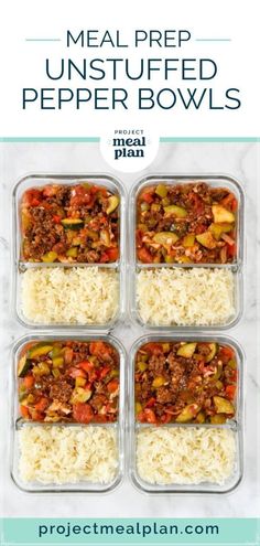 four meal prep bowls with rice and meat in them on a marble counter top text reads meal prep unstufffed peper bowls