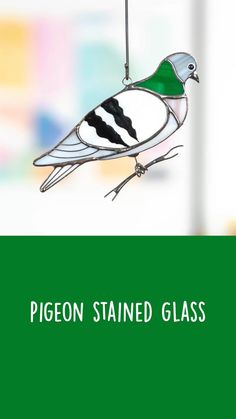 pigeon stained glass hanging ornament in green, white and black with the words pigeon stained glass on it