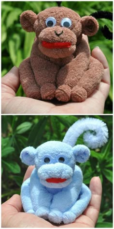 there are two pictures of stuffed animals in the same photo, one is blue and the other is brown