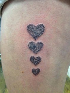 three fingerprints in the shape of hearts are on the back of a woman's thigh