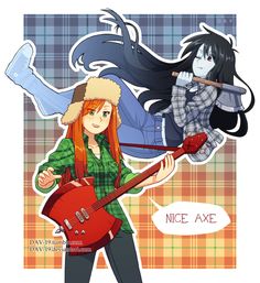 two anime characters are playing guitars and one is holding an electric guitar in her hand