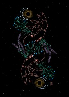 the zodiac sign is depicted on a black background with blue and green flowers in it