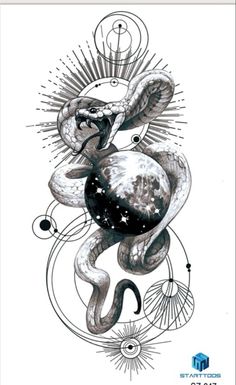 a drawing of an octopus with sun and stars on it's back, in black and white