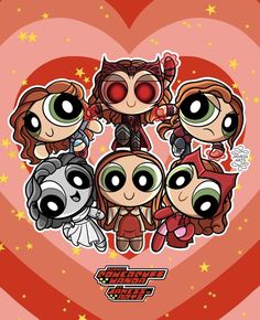 the powerpuff girls in front of a heart with stars and sparkles on it