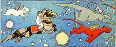 an old comic book with cats and dogs in the sky, as if they were flying through space