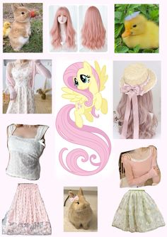 several pictures of different types of wigs and dresses with pink hair, one in the middle