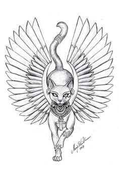 a drawing of an egyptian cat with wings on it's back and eyes open