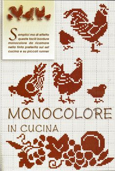 the cross stitch pattern shows different types of chickens, roosters and hens in red