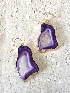 Purple sliced agate earrings featuring a beautiful electroplated agate geode slice measuring approximately 46MM with gold filled  ear wires. GIFT BOXED Geode Slice, Earrings Purple, Agate Earrings, Druzy Earrings, Agate Geode, Agate Slice, Amethyst Beads, Earrings Statement, Ear Wires