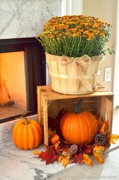 two pumpkins are stacked on top of each other in front of a fire place