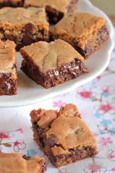 chocolate chip cookie bars on a white plate