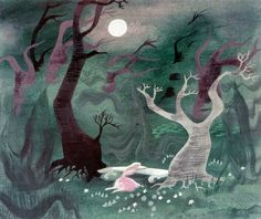 an illustration of a woman laying on the ground in front of a tree and moon