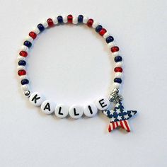 Patriotic Personalized Name Bracelet Red White n Blue Star Charm Memorial Day 4th of July Election Y 4 Of July Bracelets, Patriotic Bracelet, Patriotic Earrings, Patriotic Jewelry, Patriotic Crafts, White Jewelry Box, Gothic Earrings, Hippie Earrings, Traditional Earrings