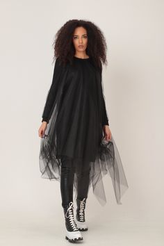 Black Sheer Dress, Black Tulle Dress, Plus Size Tulle Dress OVERSIZED MIDI DRESS IN ASYMMETRIC RICH TULLE NET LAYERS GARMENT FEATURES: * A truly stunning design with a WOW-effect when moving * Asymmetric rich tulle layers of soft net * Fully lined with soft cotton jersey * Ribbed classic crew neckline * Long jersey sleeves in a sweatshirt pattern, covered in tulle * Light weighted and comfy to wear * Part of our ADEPTT PREMIUM edit SIZING & FITTING: Model is 172cm tall and wears size S. This Black Tulle Dress For Party, Black Tulle Dress For Evening, Black Party Dresses With Tulle Skirt, Black Mesh Dress With Tulle Skirt For Spring, Black Tulle Skirt Dress For Night Out, Spring Black Mesh Dress With Tulle Skirt, Black Tulle Dress For Night Out, Black Maxi Dress With Mesh Sleeves For Party, Black Tulle Mini Dress For Spring