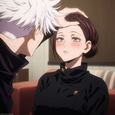 an anime character with white hair is touching another character's head