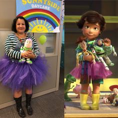 there are two pictures of the same woman in costume and one is holding stuffed animals