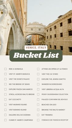 the venice italy bucket list is shown in green and white with an image of buildings