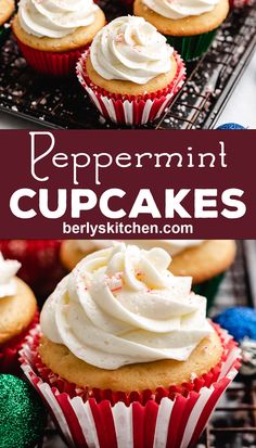 peppermin cupcakes with white frosting and sprinkles on top