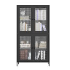 a black bookcase with glass doors and shelves filled with books on top of each shelf