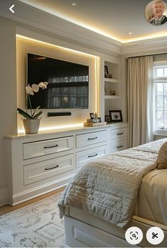 a bed room with a neatly made bed and a flat screen tv on the wall