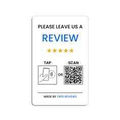 a white label that says, please leave us a review tap scan or made by tapes