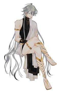 an anime character with long white hair and black clothes, sitting on the ground in front of