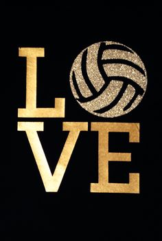 the word love is written in gold glitter on a black background with a volleyball ball