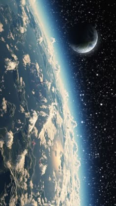 an earth view from space with the moon in the distance and stars around it,