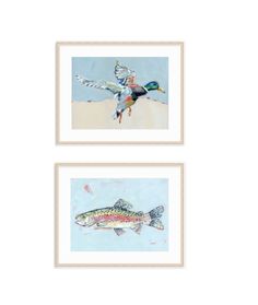 two framed paintings of birds and fish