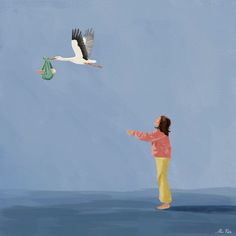 a painting of a girl flying a kite with a stork in the sky