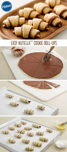 the instructions for how to make nutella cookie roll - ups are shown in three different stages