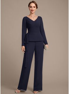 [US$ 144.00] Separates Jumpsuit/Pantsuit V-Neck Floor-Length Chiffon Mother of the Bride Dress With Pleated  - JJ's House Mob Pant Suit, Wedding Guest Outfit Pants Women, Dressy Pants Outfits For Wedding, Pants Suits For Women Chic, Pant Suits For Women Wedding Guest, Mother Of The Bride Pants Outfit, Pant Suits For Women Wedding, Wedding Pants Outfit, Formal Pant Suits For Women