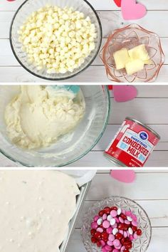 the process to make valentine's day cake is shown with hearts and marshmallows