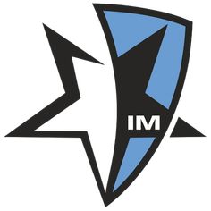 the im logo is black and blue with an arrow pointing up to it's left