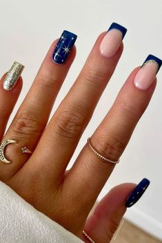 Blue Gold Nails, Blue Nail Design, Blue Nail Ideas, Winter Whimsy, Classy Fall Nails, Aries Women, Holiday Acrylic Nails, Dark Blue Nails, Ballet Nails