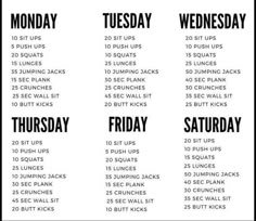 the workout schedule is shown in black and white