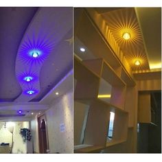 two pictures of the same room with different lighting fixtures and decorations on the ceiling, one is