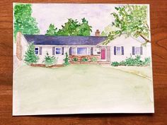 a watercolor drawing of a house with trees in the front yard and red door